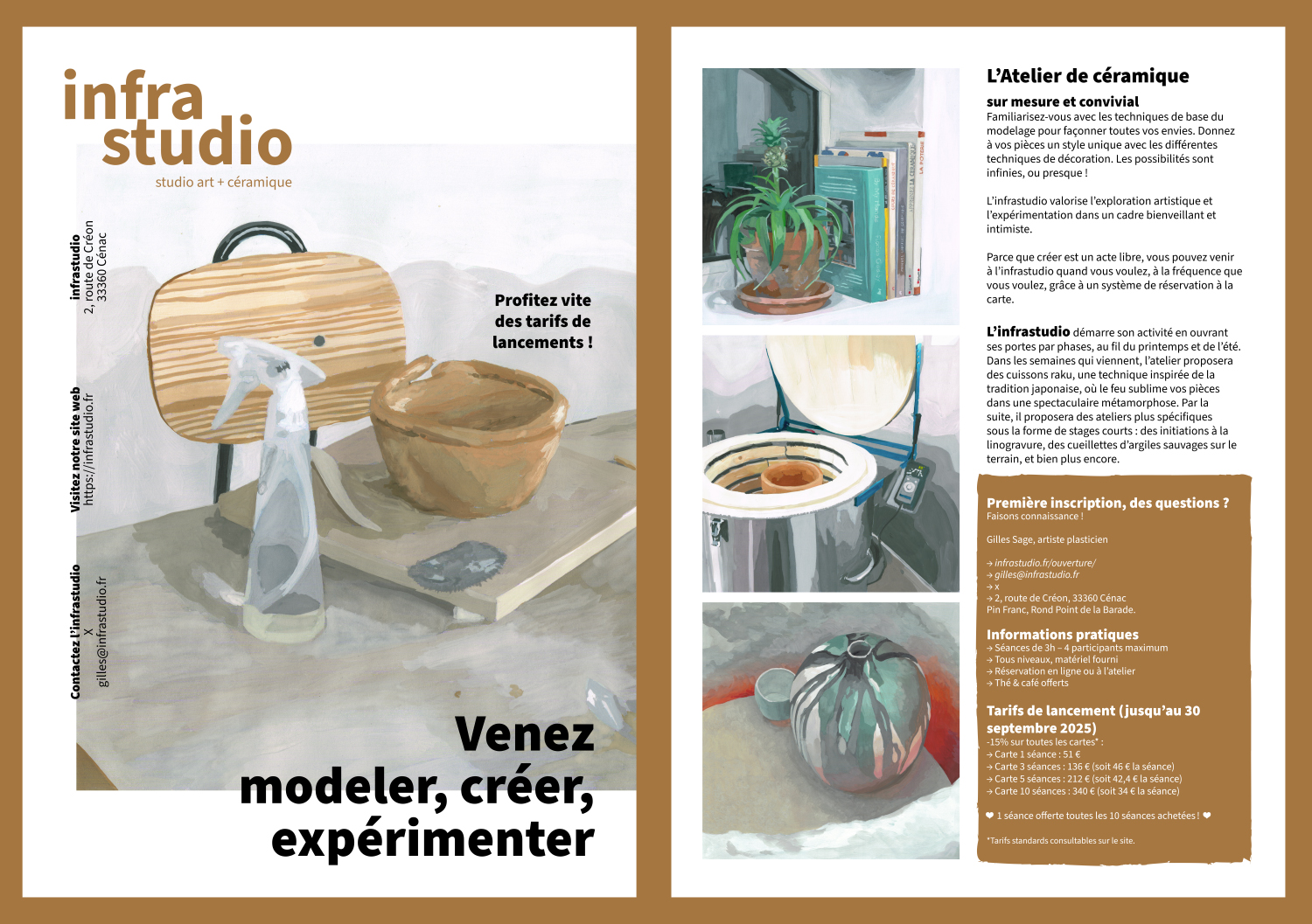 Infrastudio, Gilles Sage, flyer pour l’ouverture de l’atelier, avec différentes illustrations à la gouache