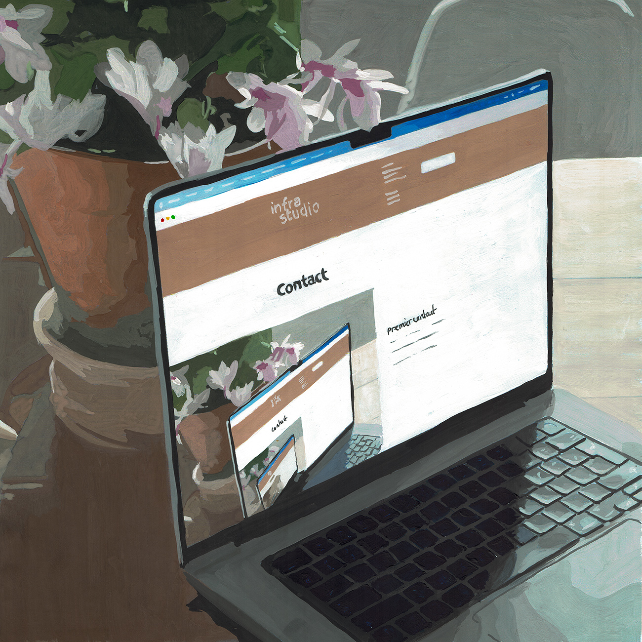 Infrastudio, Gilles Sage, flyer pour l’ouverture de l’atelier, avec différentes illustrations à la gouache