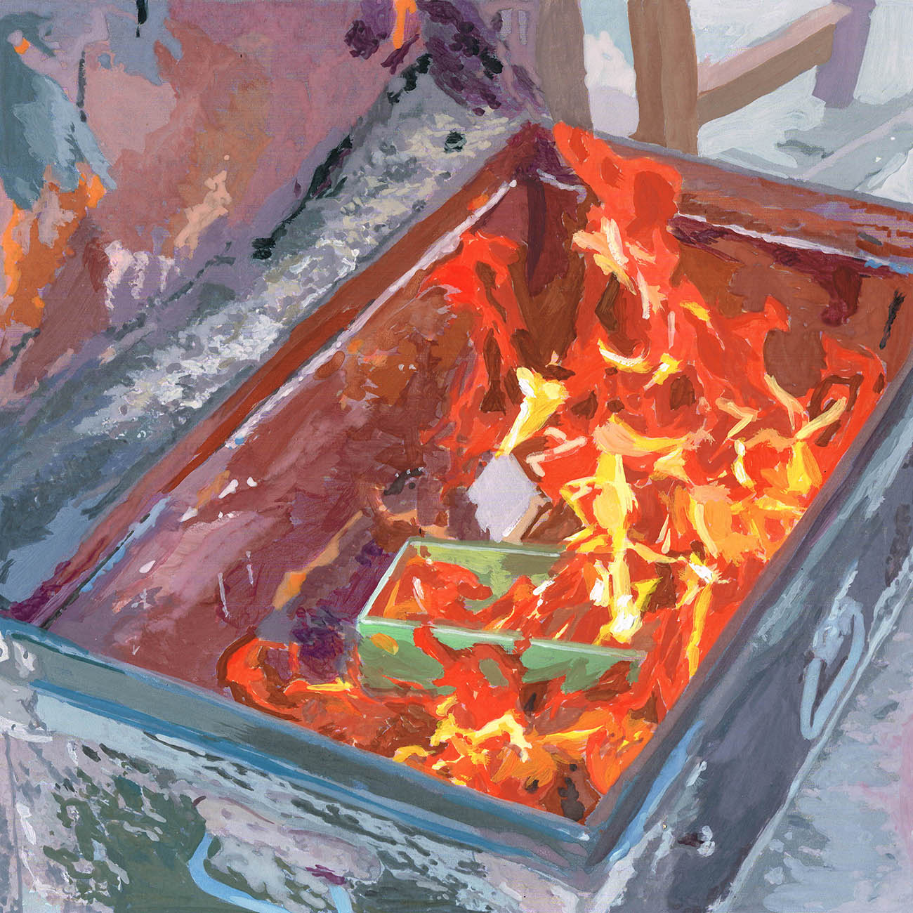 Infrastudio, Gilles Sage, gouache représentant une pièce raku incandescente, flammes, enfumage