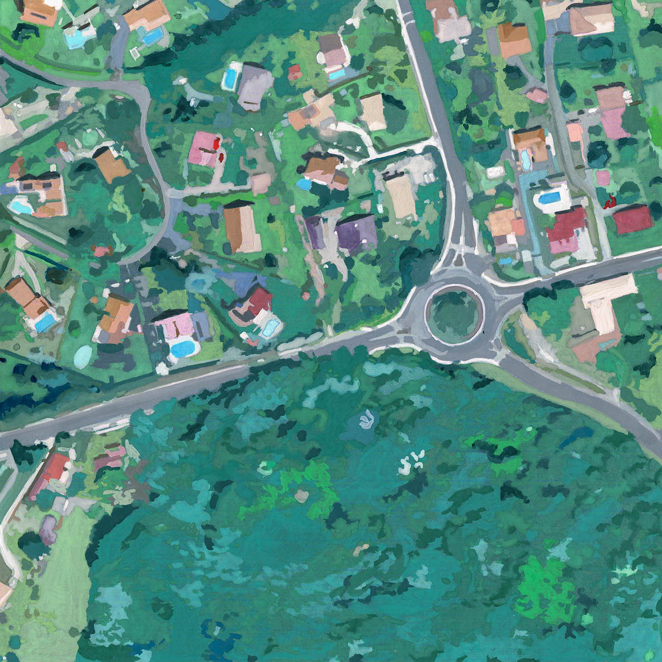 Infrastudio, Gilles Sage, gouache représentant une vue satellite de l'infrastudio dans son voisinage