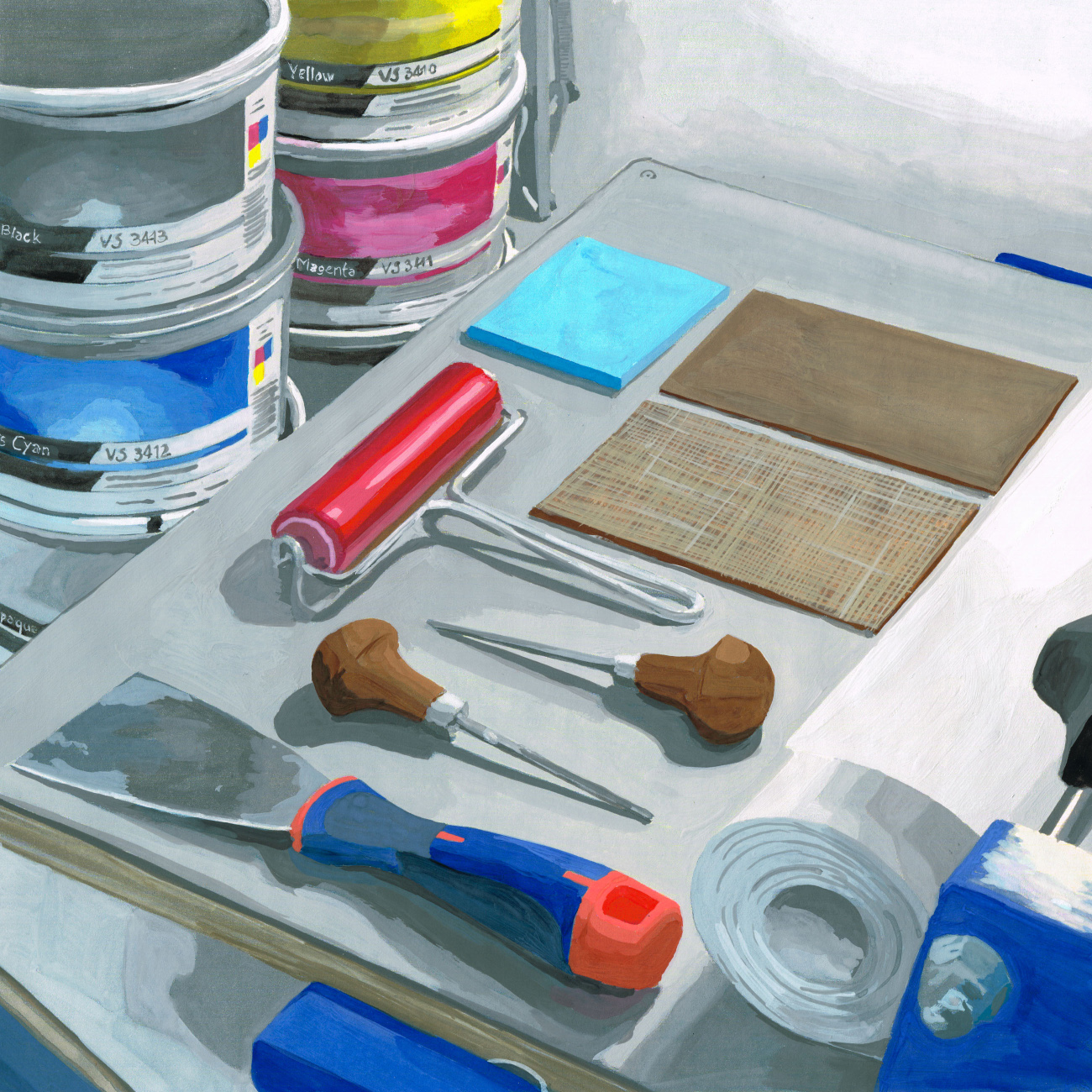 Infrastudio, Gilles Sage, gouache représentant des outils de linogravure, des encres d'imprimerie, un rouleau de papier, posés sur une presse de gravure
